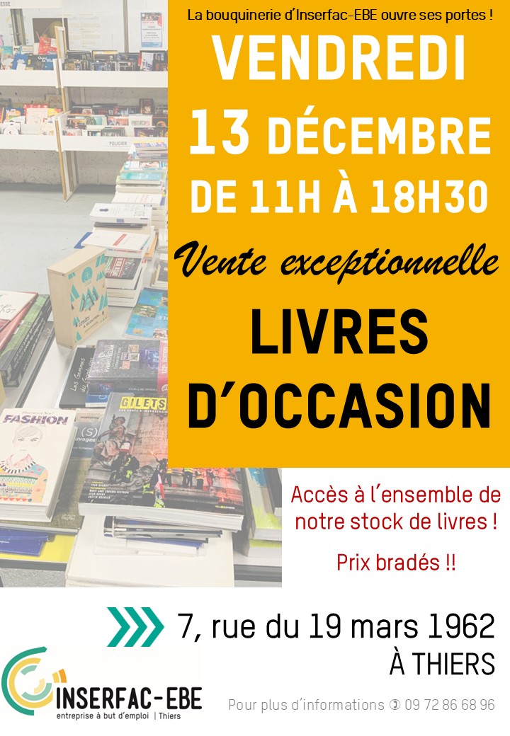 vente exceptionnelle livres d'occasion affiches dec 2024 Vente exceptionnelle de livres d'occasion à Thiers, décembre 2024